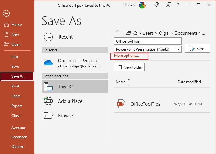 More options in Save As PowerPoint 365