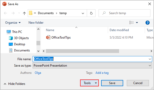 Tools button in Save As dialog box PowerPoint 365
