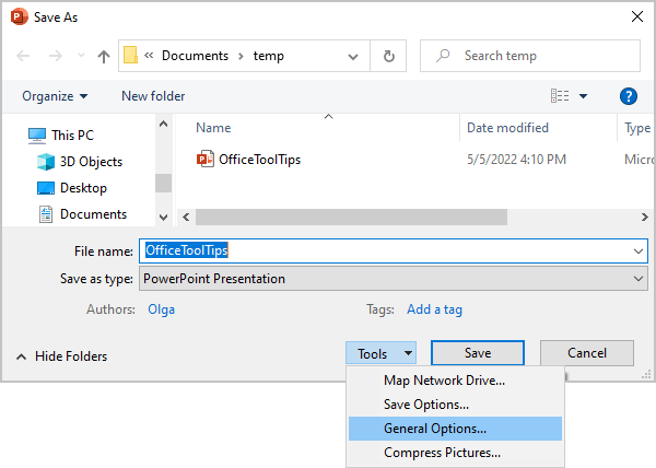 Tools in Save As dialog box PowerPoint for Microsoft 365 Tools in Save As dialog box PowerPoint 365