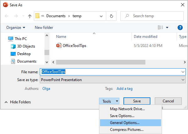 Tools in Save As dialog box PowerPoint 365