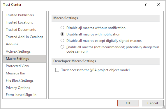 Trust Center dialog box in PowerPoint 365