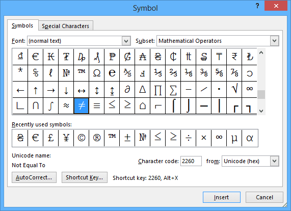 Select symbol in Word 2013