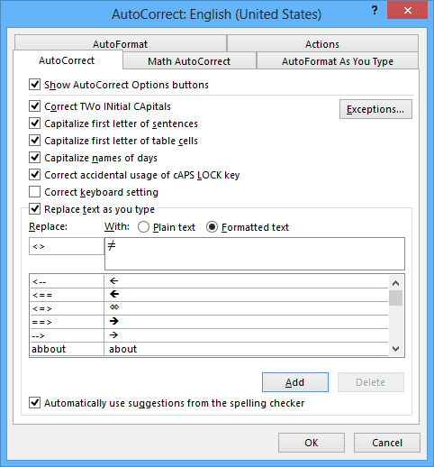 AutoCorrect in Word 2013