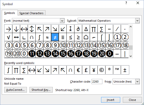Select symbol in Word 2016
