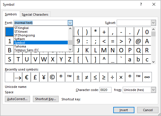 Select the Symbol font in Word 365