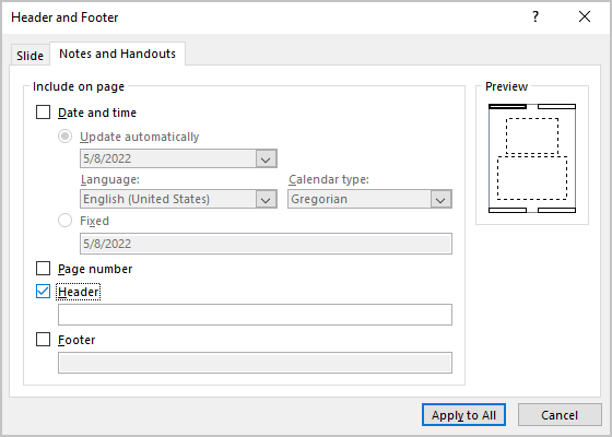 Header placeholder in PowerPoint 365