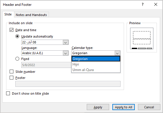 Calendar type for date and time in PowerPoint 365