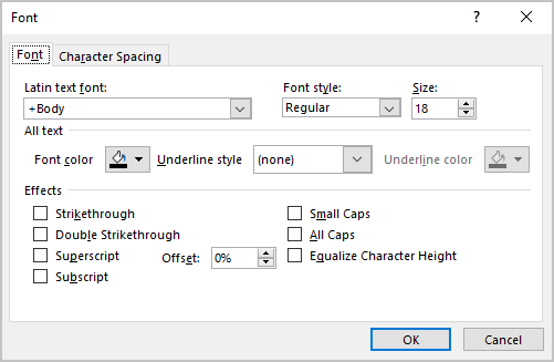 Font dialog box in PowerPoint 365
