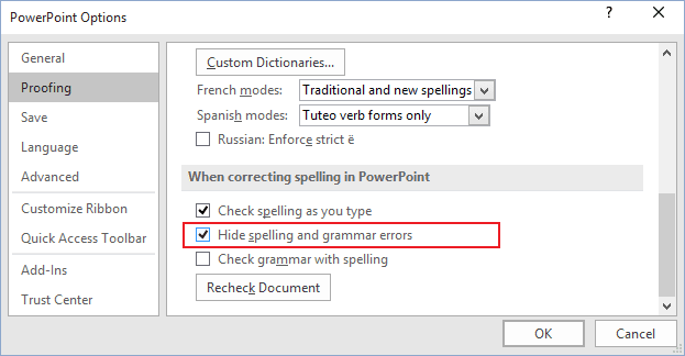 Proofing options in PowerPoint 2016