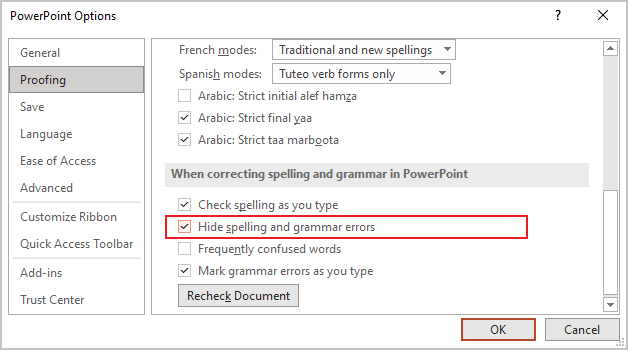 Proofing options in PowerPoint 365