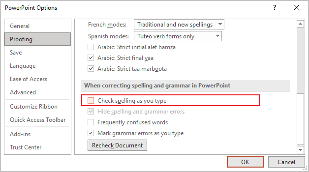 Proofing options in PowerPoint 365