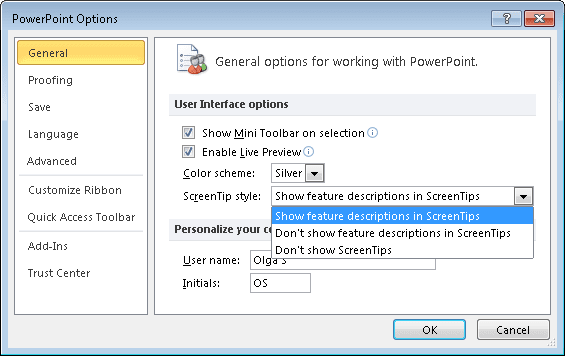 General PowerPoint 2010 options