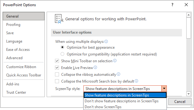 General PowerPoint 365 options General PowerPoint 365 options