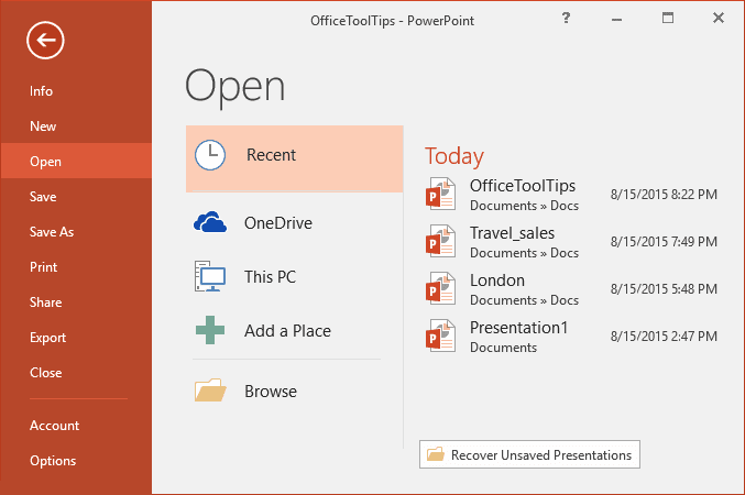 File Recent presentations in PowerPoint 2016