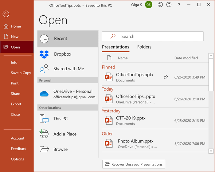 File Recent presentations in PowerPoint 365