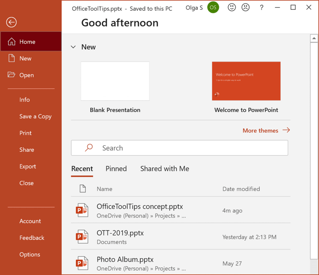 File Recent modified presentations in PowerPoint 365