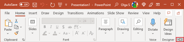 Expand Minimized Ribbon button PowerPoint 365