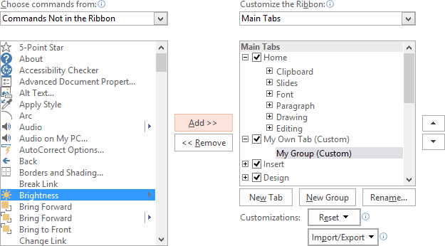 Add command in the group in PowerPoint 2016