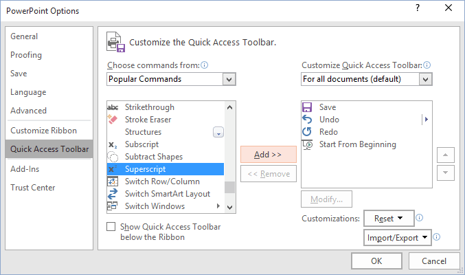 Add new command to the Quick Access PowerPoint 2016