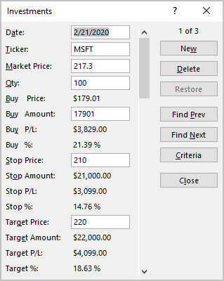 Form in Excel 365