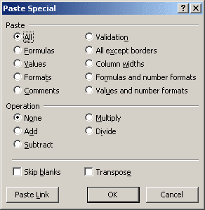 Paste Special in Excel 2003