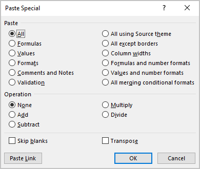 Paste special in Excel 365