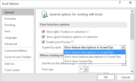 General Excel 2016 options General Excel 2016 options