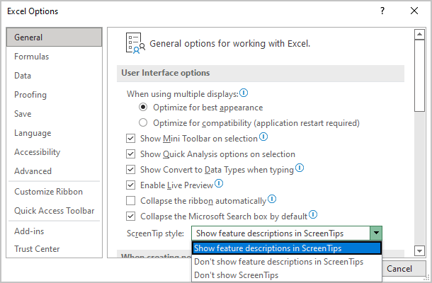 General Excel 365 options