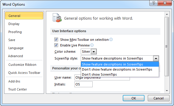 General Word 2010 options