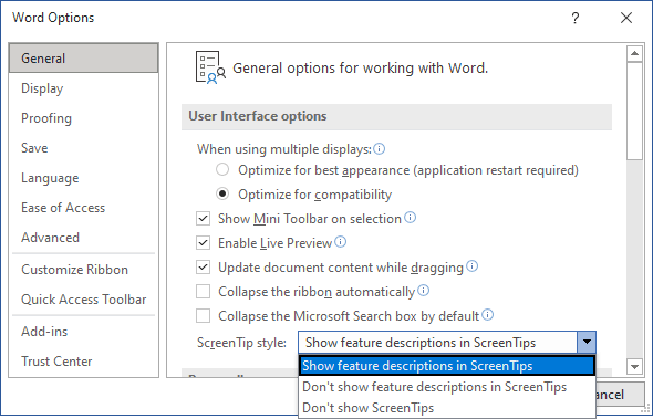 General Word 365 options
