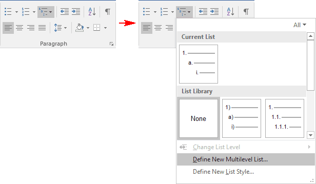 Multilevel List menu in Word 2016