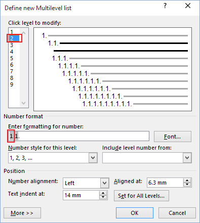 Define new Multilevel List in Word 2016