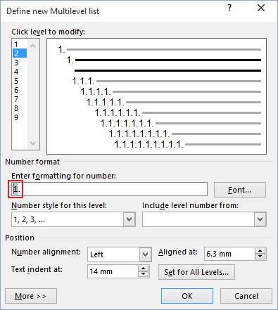 Define new Multilevel List in Word 2016