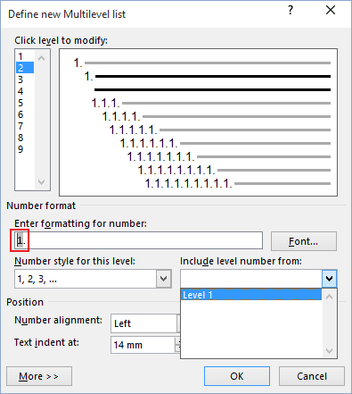 Define new Multilevel List in Word 2016