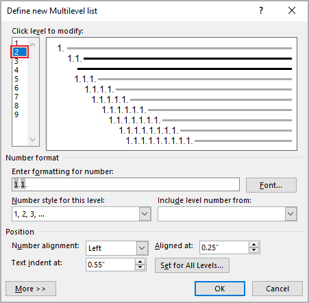 Define new Multilevel list in Word 365