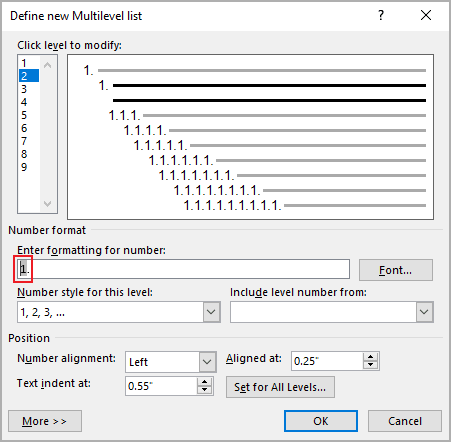 Define new Multilevel list in Word 365