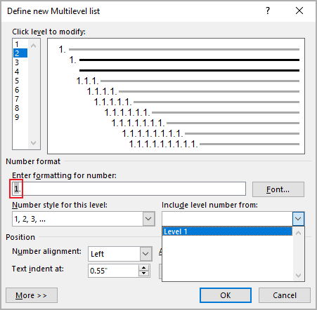 Define new Multilevel List in Word 365