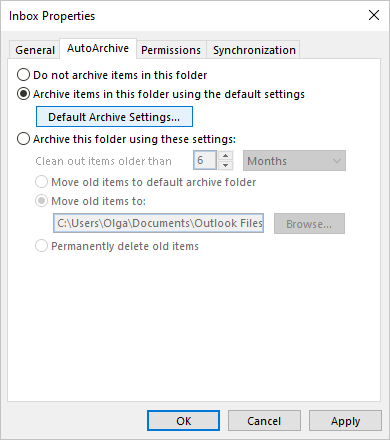 Properties dialog box in Outlook 365