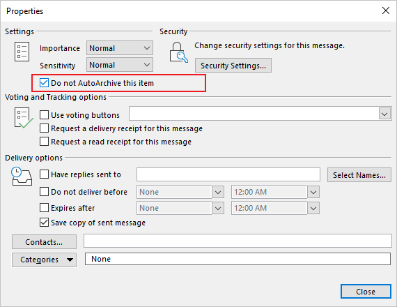 Do not AutoArchive this item in Properties Outlook 365