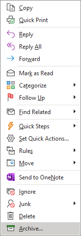 Archive in popup menu Outlook 365