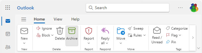 Archive button in Classic ribbon Outlook for Web