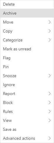 Archive in popup menu Outlook for Web