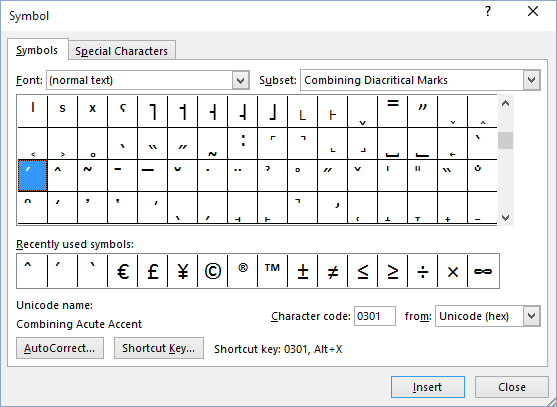 Symbol in Word 2016