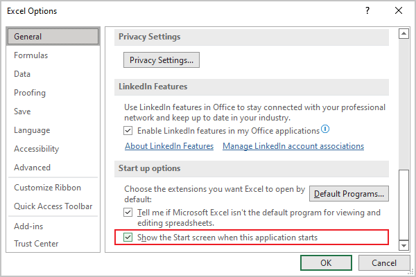 Options in Excel 365