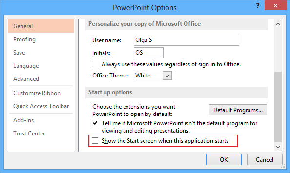 Options in PowerPoint 2013