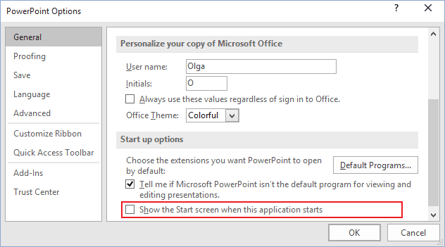 Options in PowerPoint 2016 Options in PowerPoint 2016