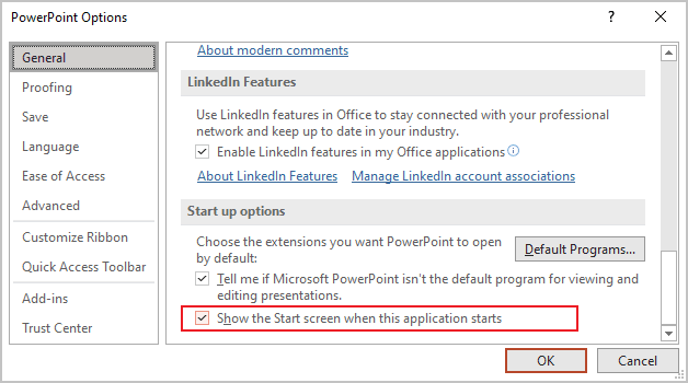 Options in PowerPoint 365