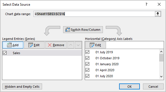 Select Data Source dialog box in Excel 365