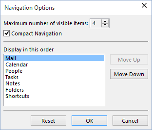 Navigation Bar in Outlook 2016