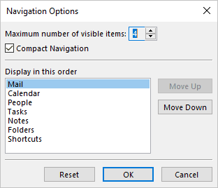 Navigation Options dialog box in Outlook 365